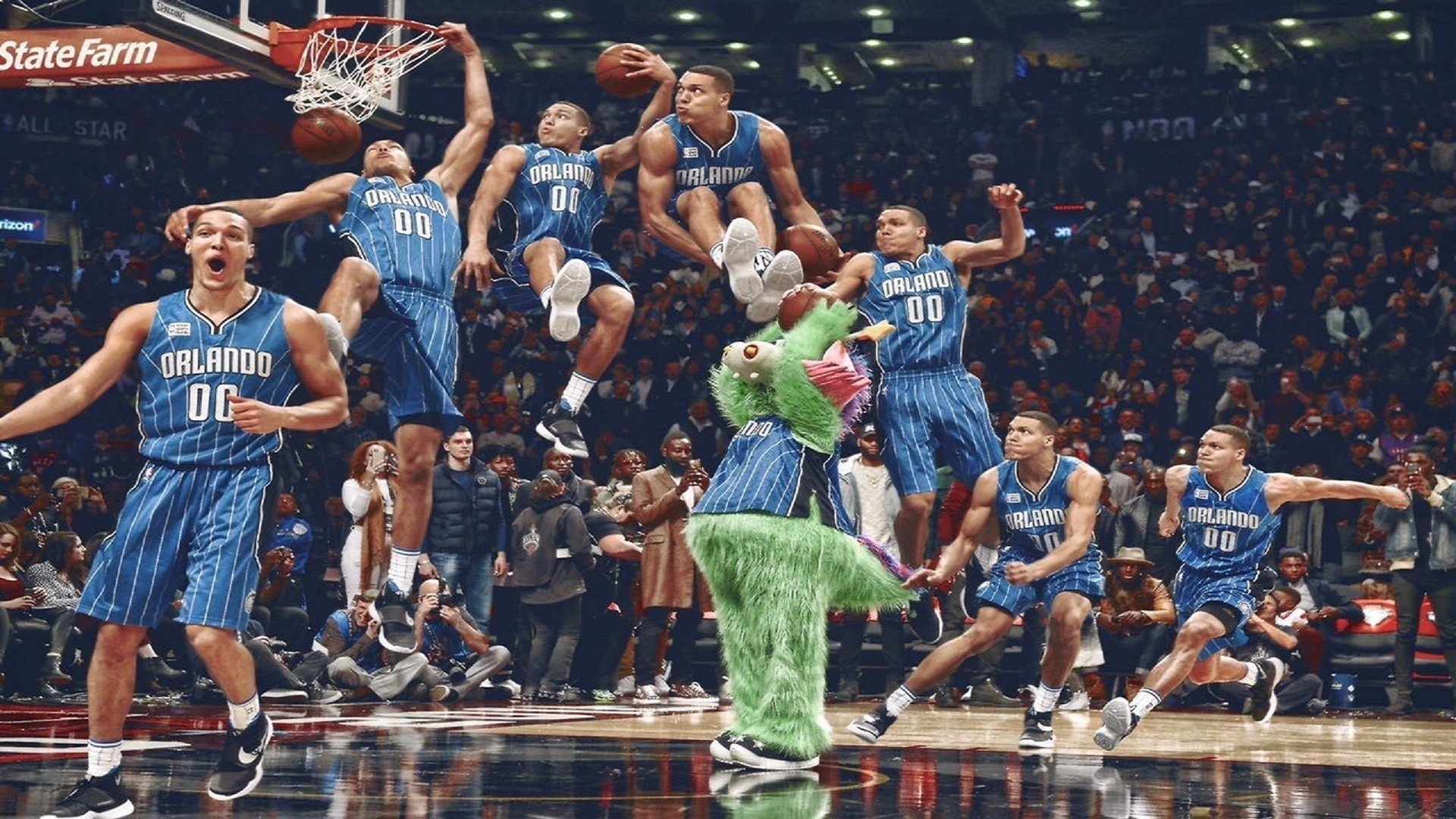 这是一个非常有意思的指令，关键词将体育界的几个不同领域（NBA、电竞、足球）进行了暴力拼接，形成了强烈的荒诞感和喜剧效果